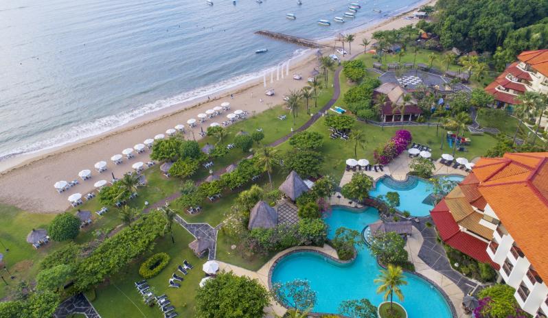 Grand Mirage Resort & Thalasso Spa Bali-Aerial showing pools and beach HQ (17May18)